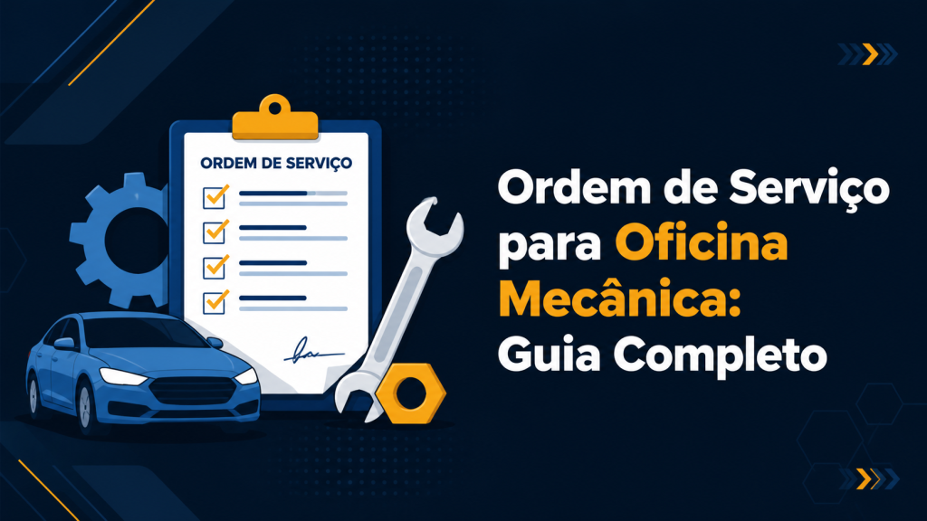 Capa ilustrada do artigo Ordem de Serviço para Oficina Mecânica: Guia Completo, com prancheta de checklist, ícone de carro, chave de boca e engrenagem em fundo escuro