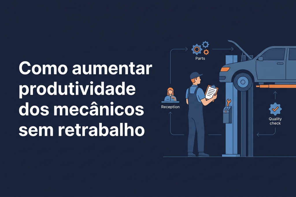 Mecânico consultando uma ordem de serviço ao lado de um carro em manutenção
