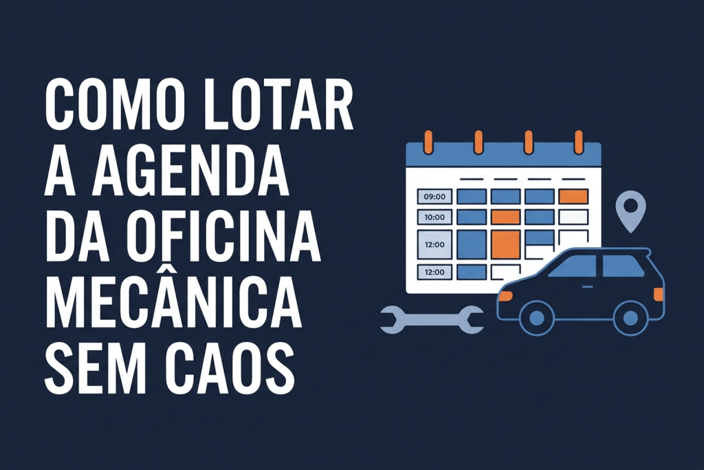 Ilustração de uma agenda com horários ocupados ao lado de um carro e ferramentas de oficina