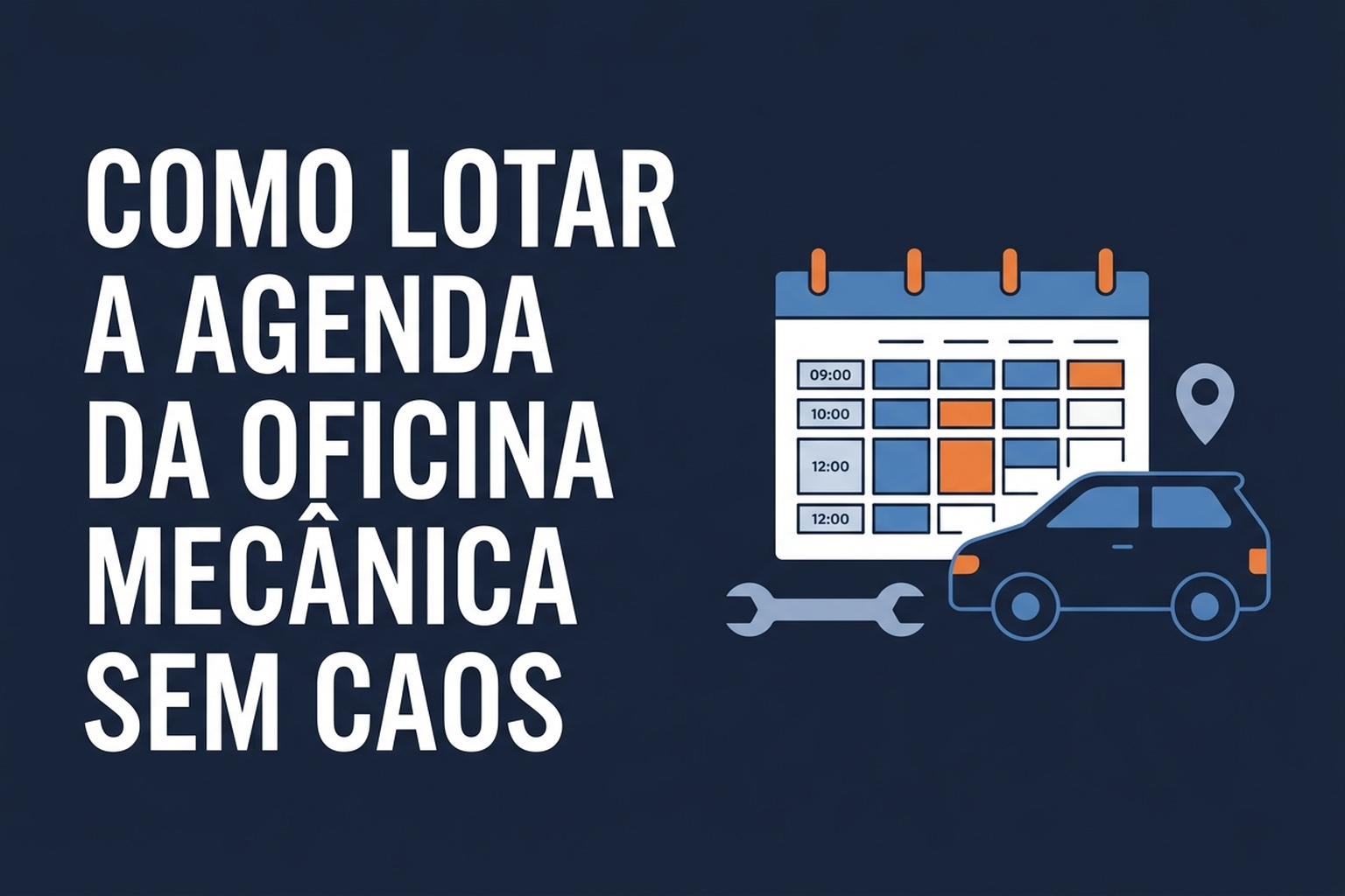 Ilustração de uma agenda com horários ocupados ao lado de um carro e ferramentas de oficina