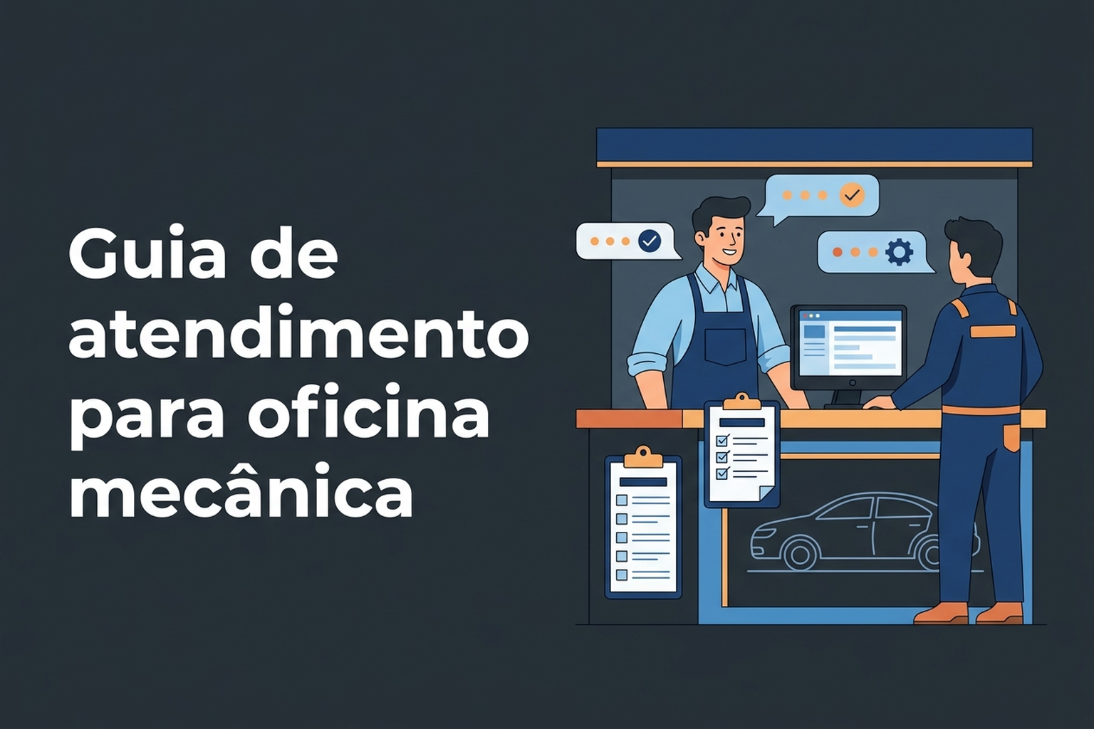 Ilustração de atendente organizando a recepção e a ordem de serviço de um veículo na oficina