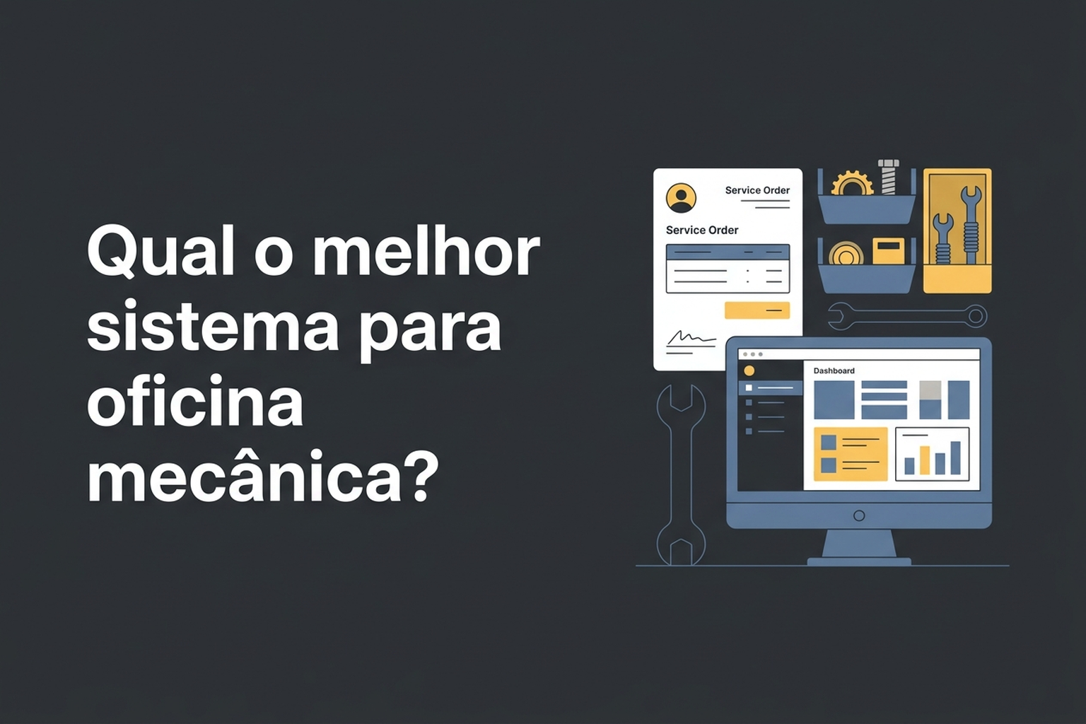 Dono de oficina avaliando um painel simples de gestão ao lado de uma ordem de serviço e peças organizadas